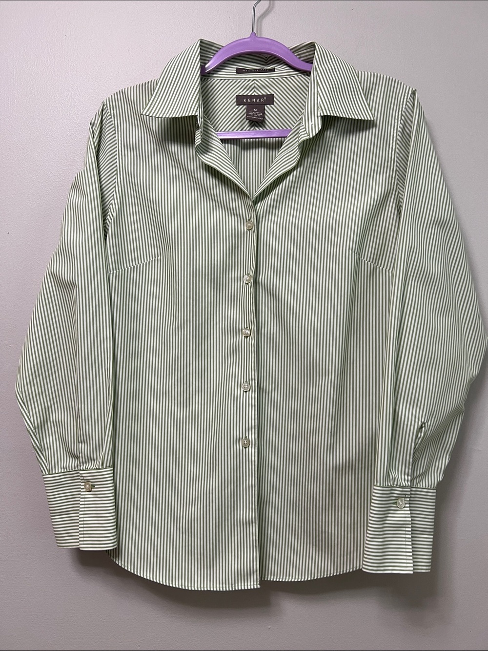Kenar Women’s 100% Cotton Green White Striped Button Down Shirt M